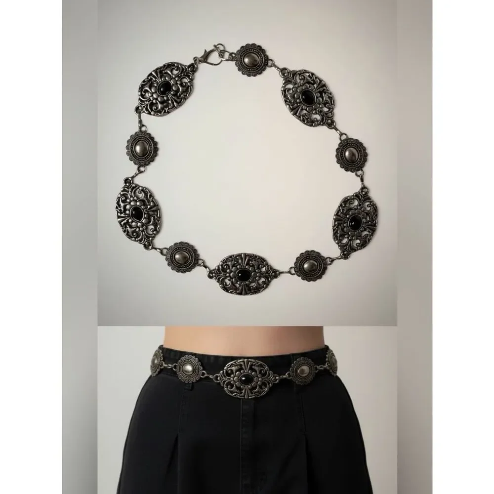 Western Silver Floral Concho Chain Belt - Boho Ornate Etched Medallion NWT